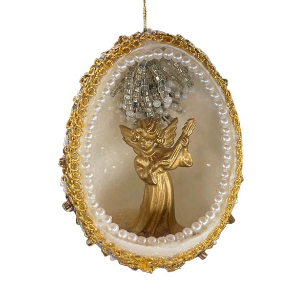 Vintage Handmade Real Egg Shell Diorama Angel Christmas Ornament Faux Pearl Trim - Picture 7 of 8